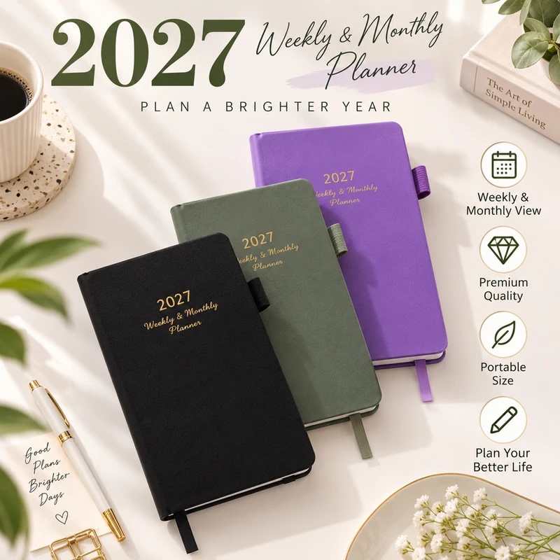 Leather Work Diary Covers - Agenda hebdomadaire et mensuel 2027, organisateur